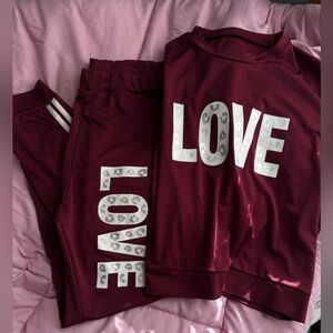 Burgundy Love Print Sweatshirt and Pants Set